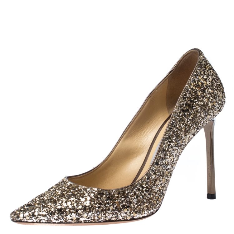 Jimmy Choo Metallic Gold Glitter Romy Pointed Toe Pumps Size 38 Jimmy ...