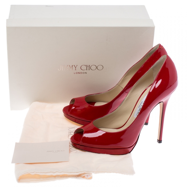 Pre Owned Jimmy Choo Red Patent Leather Quiet Peep Toe Pumps Size 37.5