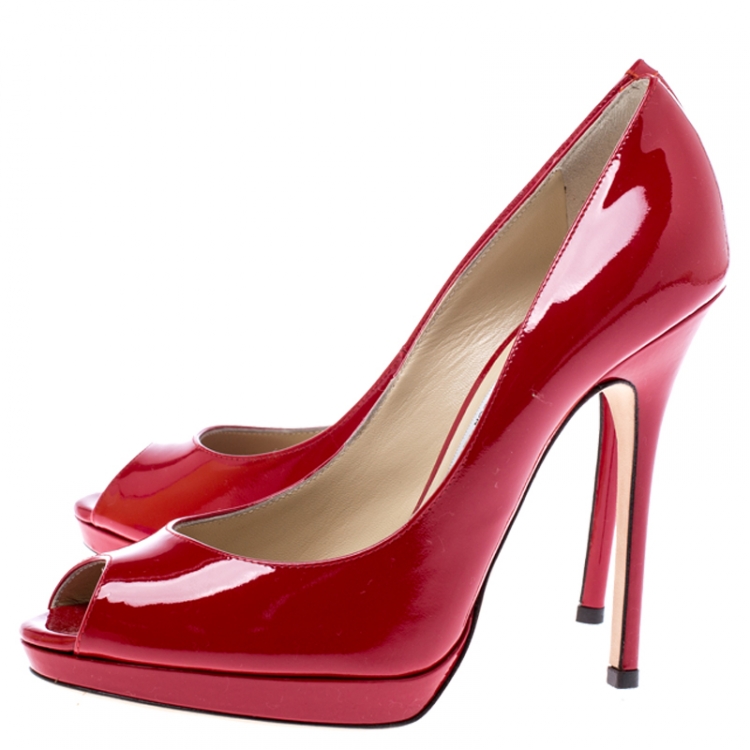 Pre Owned Jimmy Choo Red Patent Leather Quiet Peep Toe Pumps Size 37.5