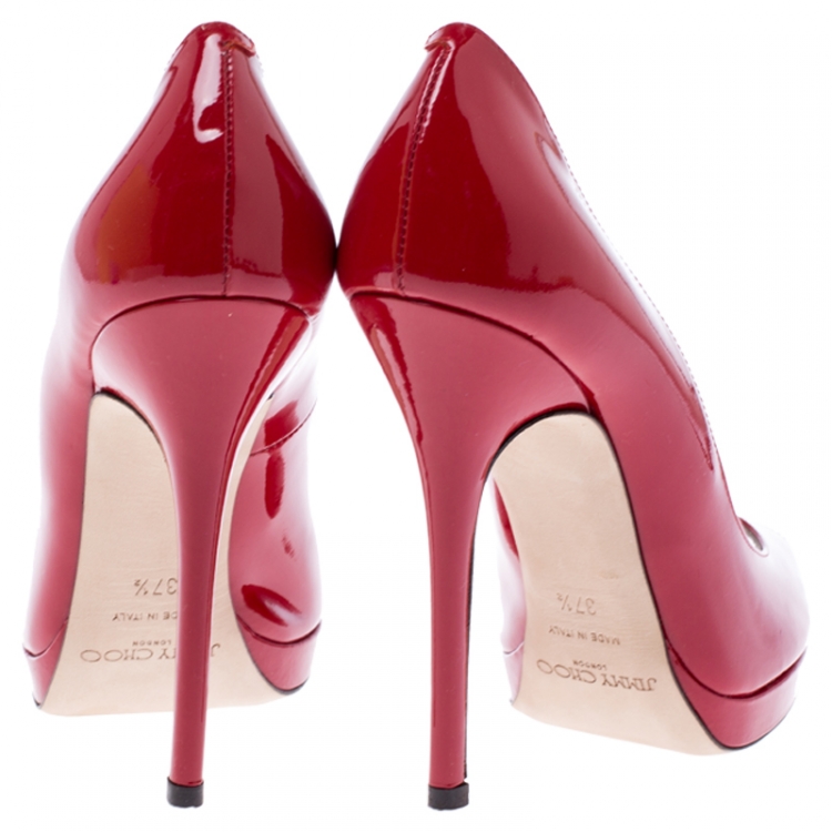 Pre Owned Jimmy Choo Red Patent Leather Quiet Peep Toe Pumps Size 37.5