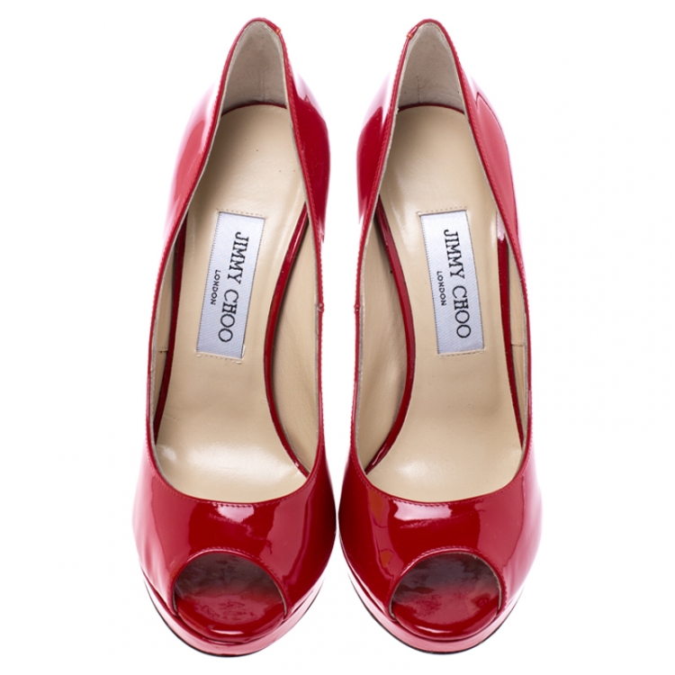 Pre Owned Jimmy Choo Red Patent Leather Quiet Peep Toe Pumps Size 37.5