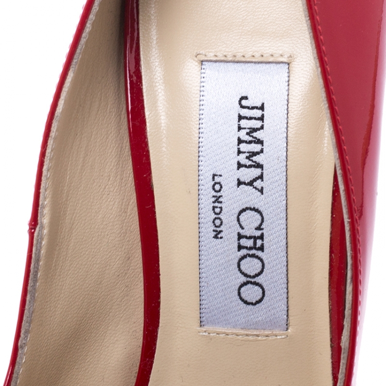 Pre Owned Jimmy Choo Red Patent Leather Quiet Peep Toe Pumps Size 37.5
