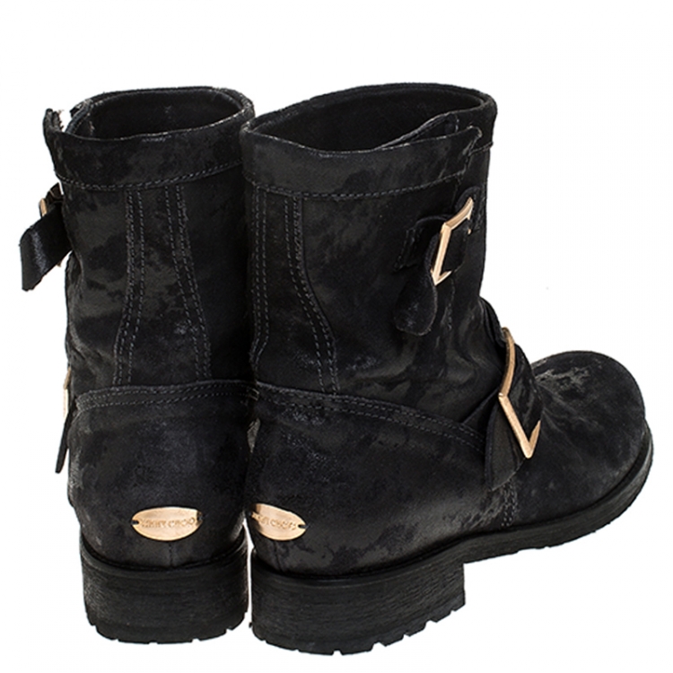 Pre Owned Jimmy Choo Black Suede Youth Buckle Detail Biker Boots Size 37.5