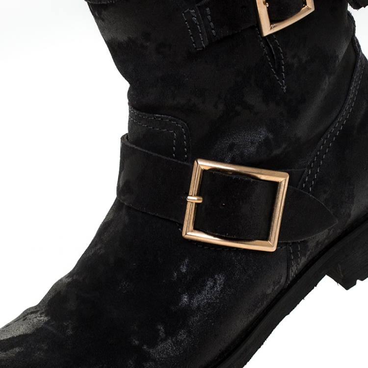 Pre Owned Jimmy Choo Black Suede Youth Buckle Detail Biker Boots Size 37.5