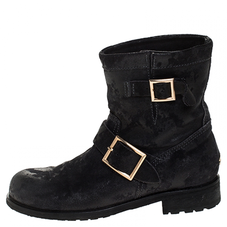 Pre Owned Jimmy Choo Black Suede Youth Buckle Detail Biker Boots Size 37.5