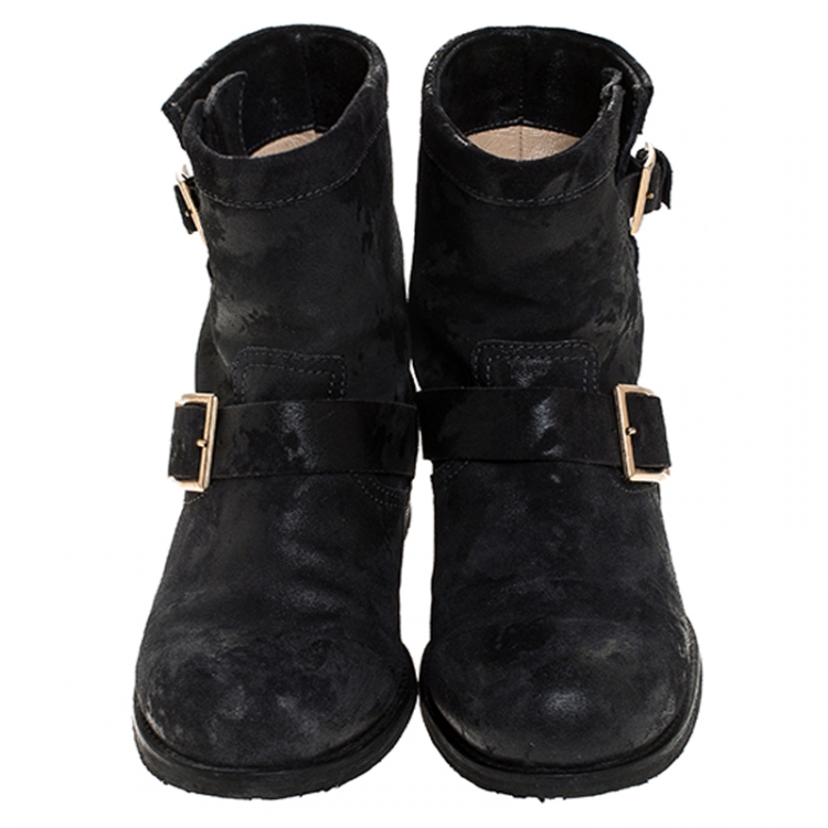 Pre Owned Jimmy Choo Black Suede Youth Buckle Detail Biker Boots Size 37.5