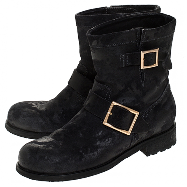 Pre Owned Jimmy Choo Black Suede Youth Buckle Detail Biker Boots Size 37.5