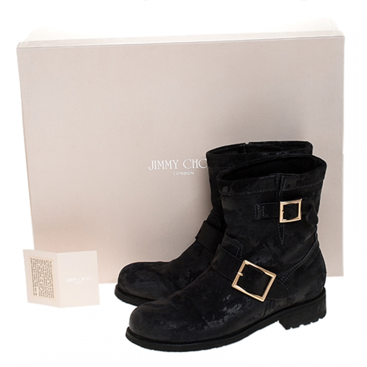 Pre Owned Jimmy Choo Black Suede Youth Buckle Detail Biker Boots Size 37.5