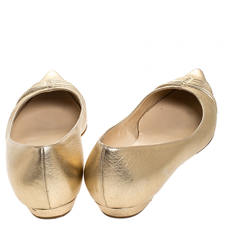Pre Owned Jimmy Choo Metallic Gold Leather Pointed Ballet Flats Size 38.5