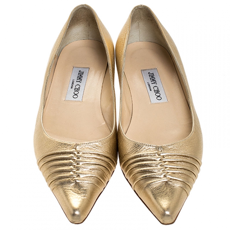 Pre Owned Jimmy Choo Metallic Gold Leather Pointed Ballet Flats Size 38.5