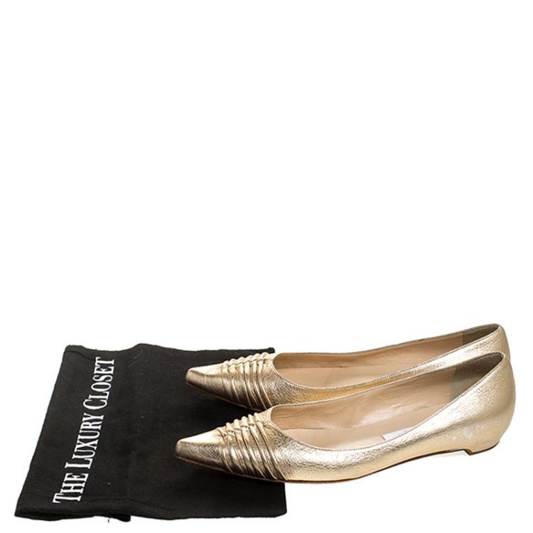 Pre Owned Jimmy Choo Metallic Gold Leather Pointed Ballet Flats Size 38.5