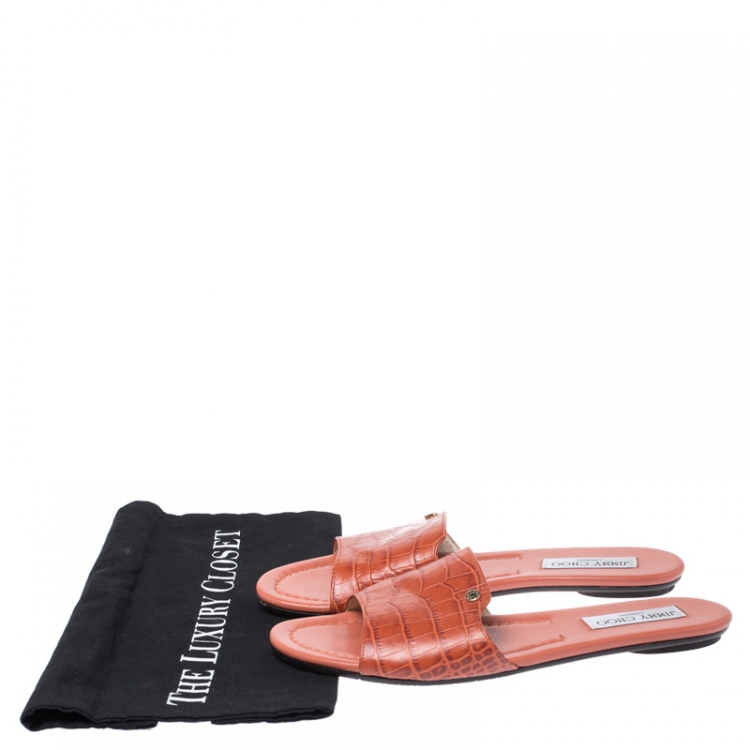 Pre Owned Jimmy Choo Dark Orange Croc Embossed Leather Nanda Flat Slides Size 39