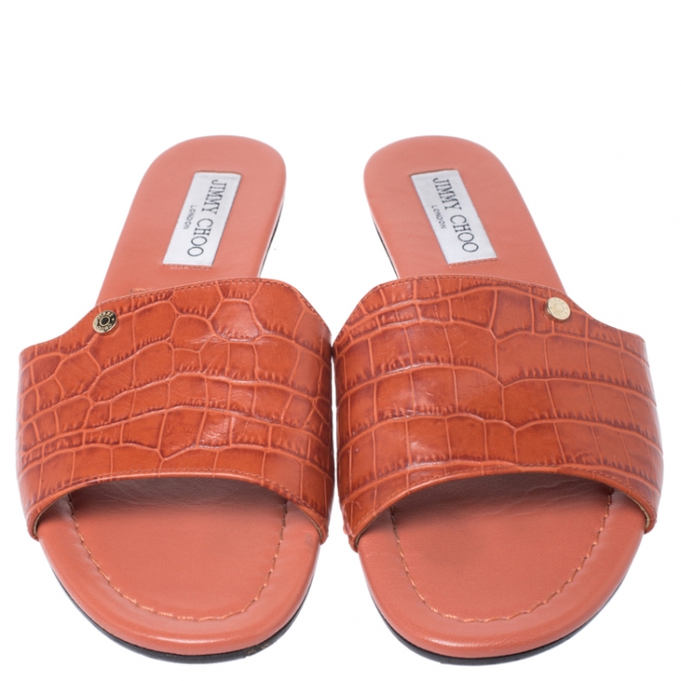 Pre Owned Jimmy Choo Dark Orange Croc Embossed Leather Nanda Flat Slides Size 39