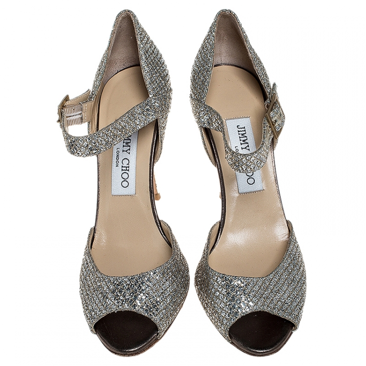 Pre Owned Jimmy Choo Silver/Gold Glitter Fabric Mary Jane Pumps Size 37.5