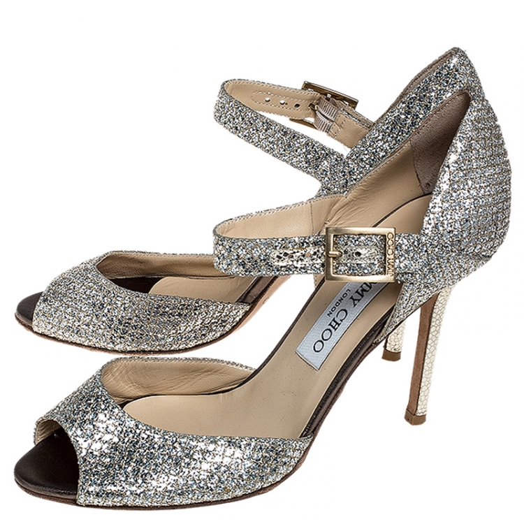 Pre Owned Jimmy Choo Silver/Gold Glitter Fabric Mary Jane Pumps Size 37.5
