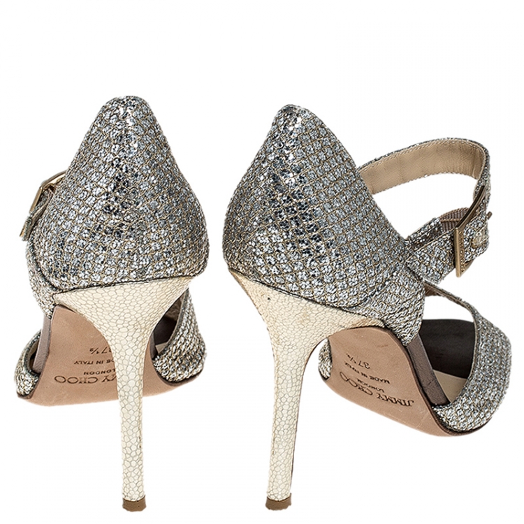 Pre Owned Jimmy Choo Silver/Gold Glitter Fabric Mary Jane Pumps Size 37.5