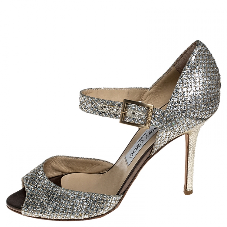 Pre Owned Jimmy Choo Silver/Gold Glitter Fabric Mary Jane Pumps Size 37.5