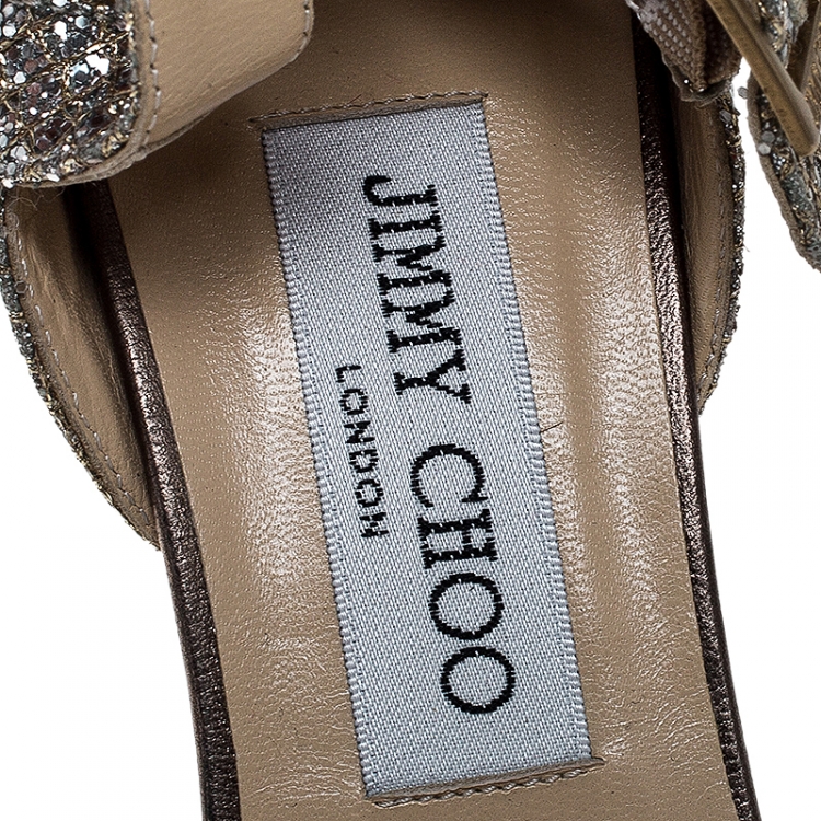 Pre Owned Jimmy Choo Silver/Gold Glitter Fabric Mary Jane Pumps Size 37.5