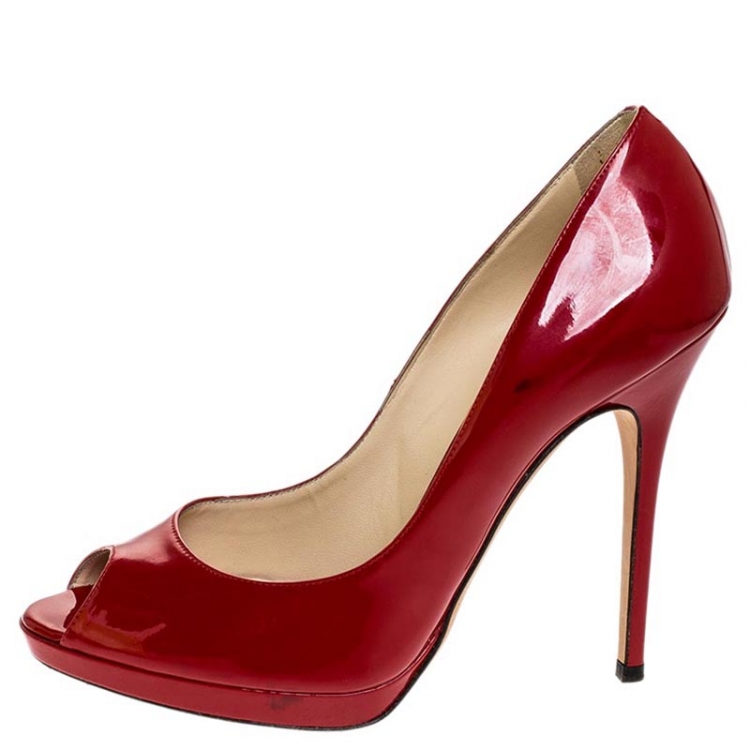 Pre Owned Jimmy Choo Red Patent Leather Luna Peep Toe Platform Pumps Size 41