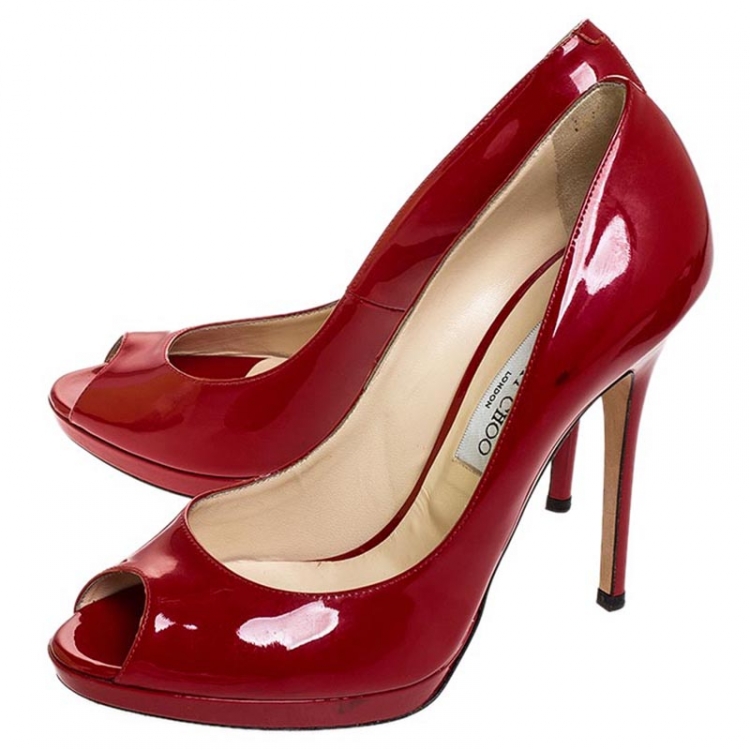 Pre Owned Jimmy Choo Red Patent Leather Luna Peep Toe Platform Pumps Size 41
