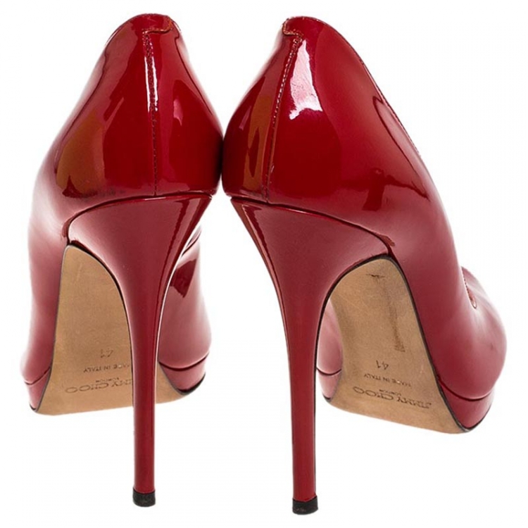 Pre Owned Jimmy Choo Red Patent Leather Luna Peep Toe Platform Pumps Size 41