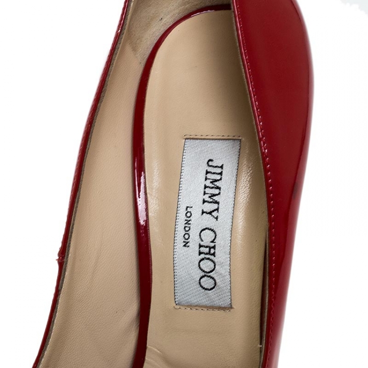 Pre Owned Jimmy Choo Red Patent Leather Luna Peep Toe Platform Pumps Size 41