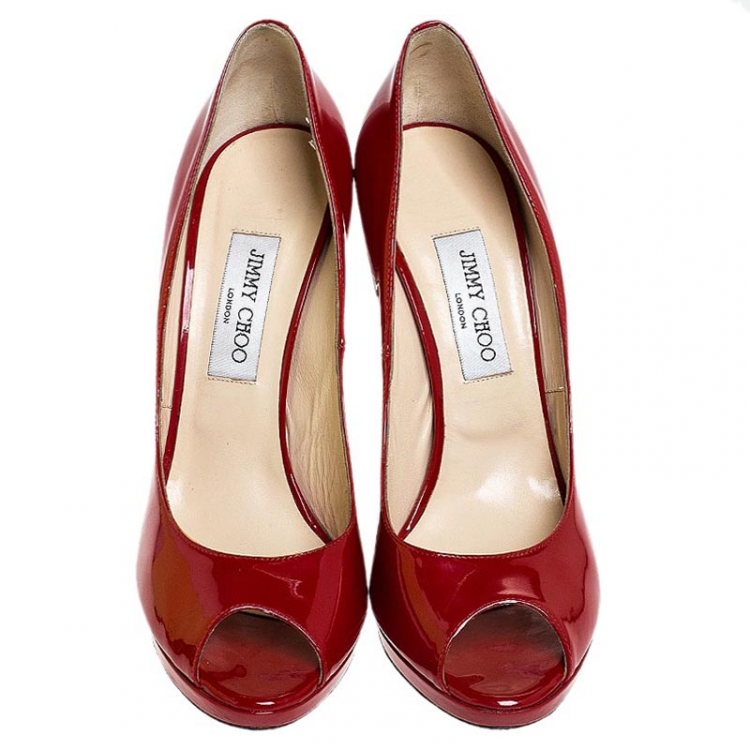 Pre Owned Jimmy Choo Red Patent Leather Luna Peep Toe Platform Pumps Size 41