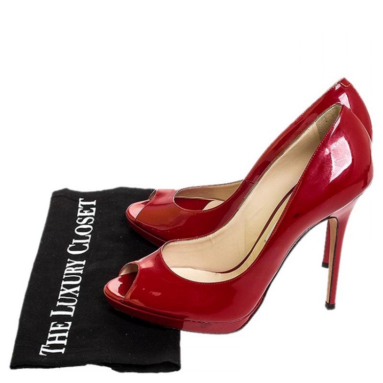Pre Owned Jimmy Choo Red Patent Leather Luna Peep Toe Platform Pumps Size 41