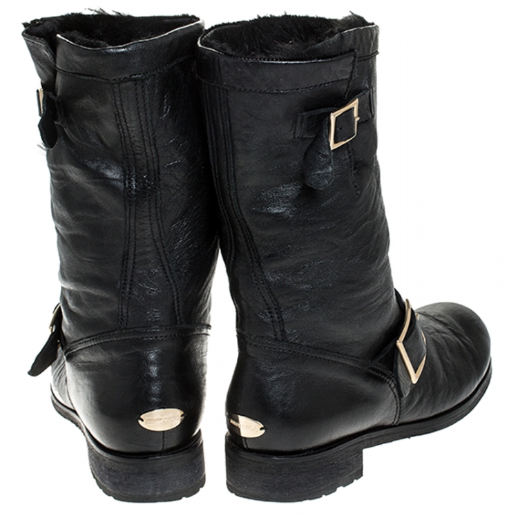مملوكة مسبقًا Jimmy Choo Black Leather Youth Biker Mid Calf Boots Size 38