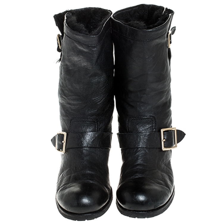 مملوكة مسبقًا Jimmy Choo Black Leather Youth Biker Mid Calf Boots Size 38