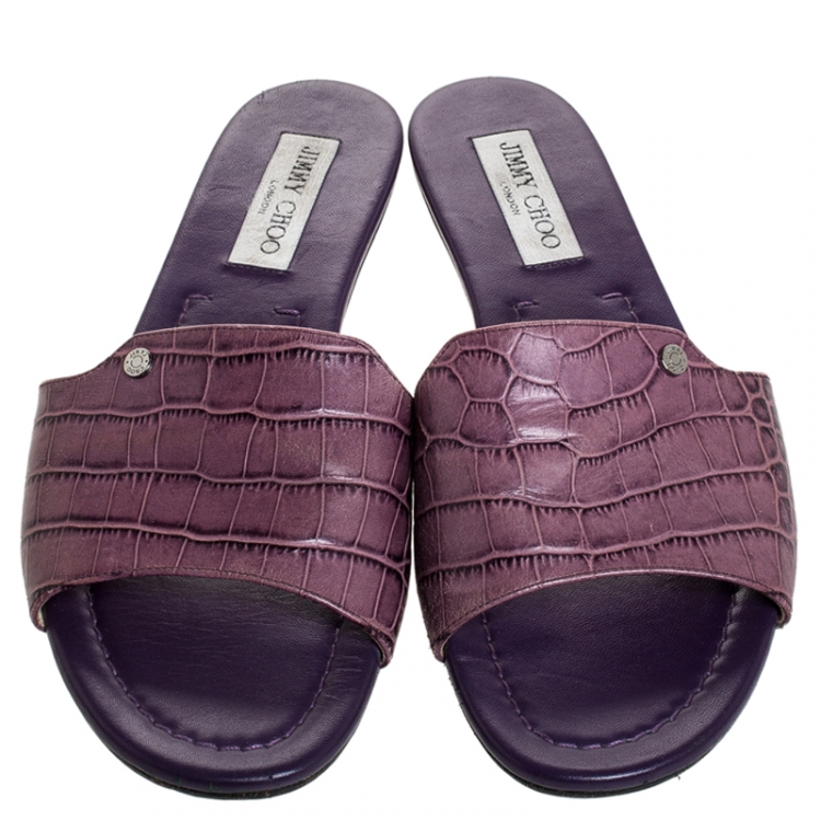 Pre Owned Jimmy Choo Purple Croc Embossed Leather Nanda Flat Slides Size 40