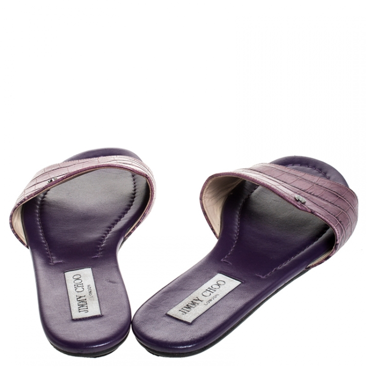 Pre Owned Jimmy Choo Purple Croc Embossed Leather Nanda Flat Slides Size 40