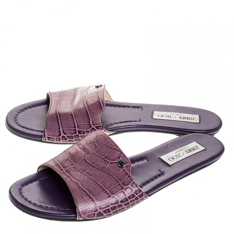 Pre Owned Jimmy Choo Purple Croc Embossed Leather Nanda Flat Slides Size 40