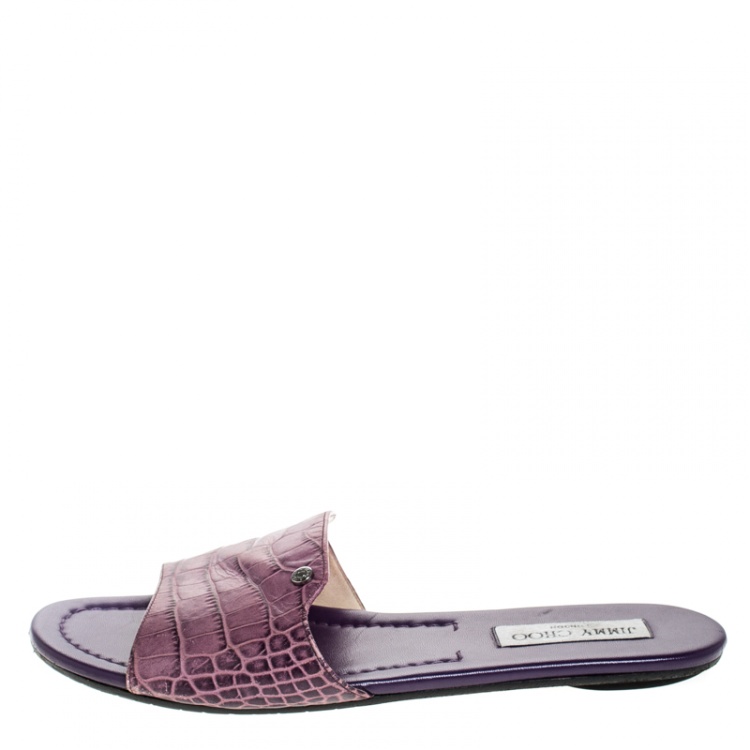 Pre Owned Jimmy Choo Purple Croc Embossed Leather Nanda Flat Slides Size 40