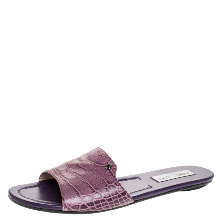 Pre Owned Jimmy Choo Purple Croc Embossed Leather Nanda Flat Slides Size 40