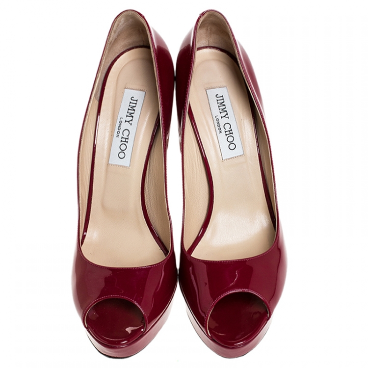 Pre Owned Jimmy Choo Pink Patent Leather Crown Peep Toe Platform Pumps Size 40 