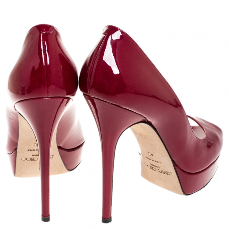 Pre Owned Jimmy Choo Pink Patent Leather Crown Peep Toe Platform Pumps Size 40 