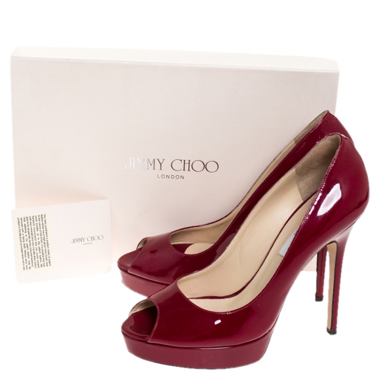 Pre Owned Jimmy Choo Pink Patent Leather Crown Peep Toe Platform Pumps Size 40 