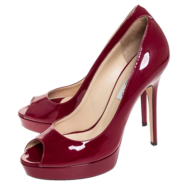 Pre Owned Jimmy Choo Pink Patent Leather Crown Peep Toe Platform Pumps Size 40 