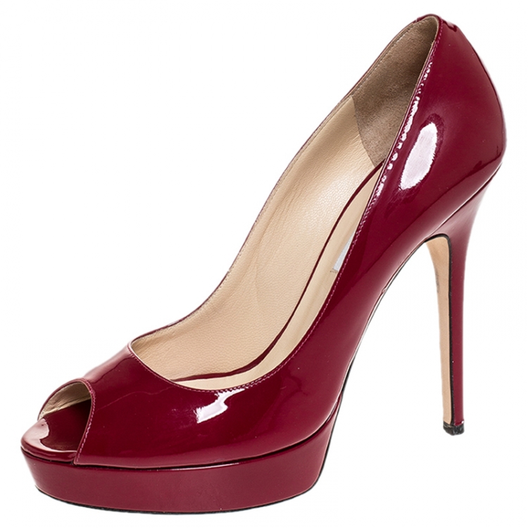 Pre Owned Jimmy Choo Pink Patent Leather Crown Peep Toe Platform Pumps Size 40 