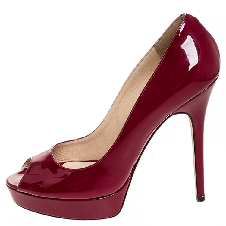 Pre Owned Jimmy Choo Pink Patent Leather Crown Peep Toe Platform Pumps Size 40 
