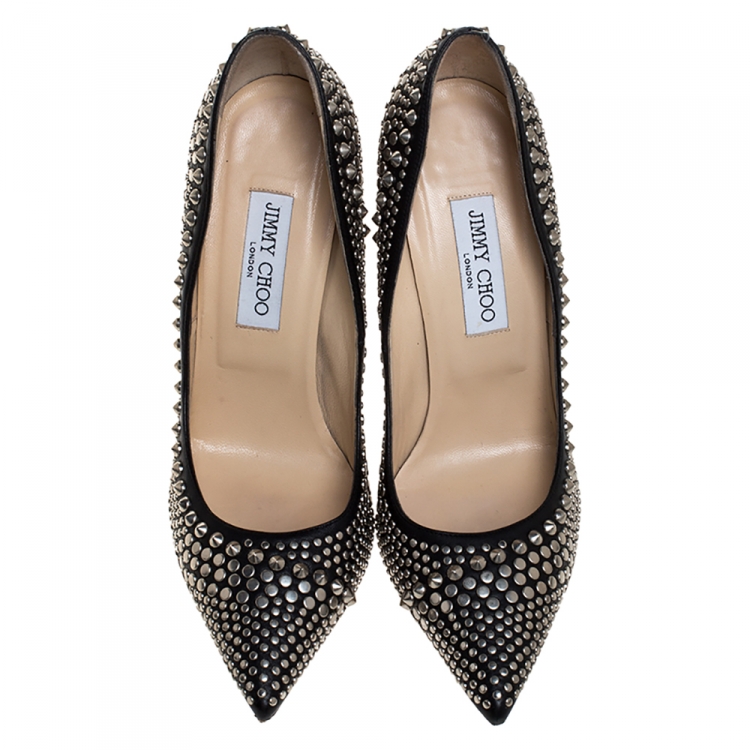 Pre Owned Jimmy Choo Black Suede Anouk Studded Pointed Toe Pumps Size 39.5