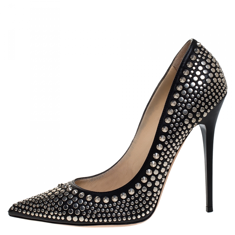 Pre Owned Jimmy Choo Black Suede Anouk Studded Pointed Toe Pumps Size 39.5