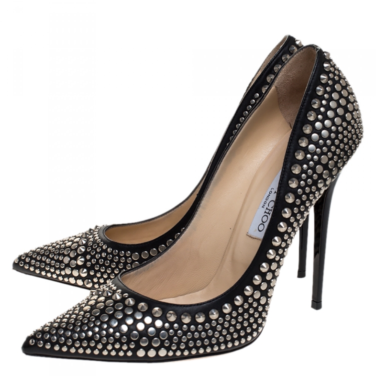 Pre Owned Jimmy Choo Black Suede Anouk Studded Pointed Toe Pumps Size 39.5