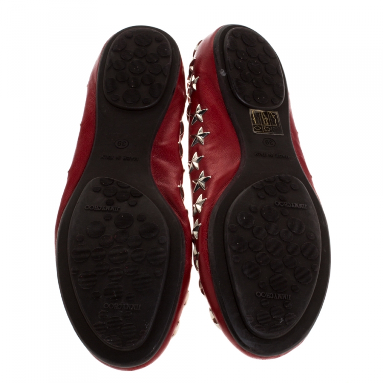Pre Owned Jimmy Choo Red Leather Windsor Star Embellished Ballet Flat Size 39