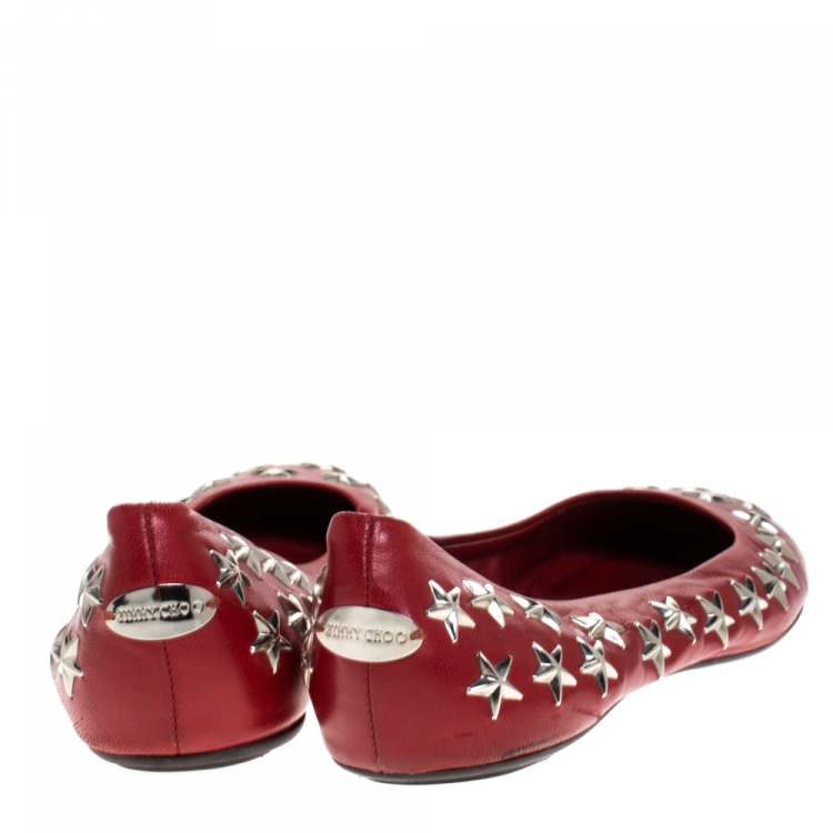 Pre Owned Jimmy Choo Red Leather Windsor Star Embellished Ballet Flat Size 39