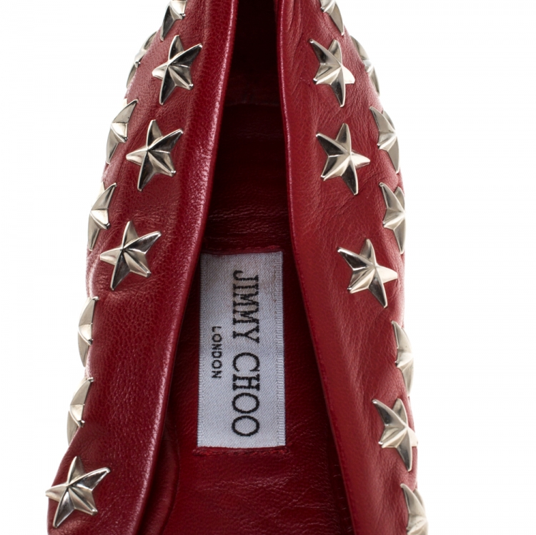 Pre Owned Jimmy Choo Red Leather Windsor Star Embellished Ballet Flat Size 39