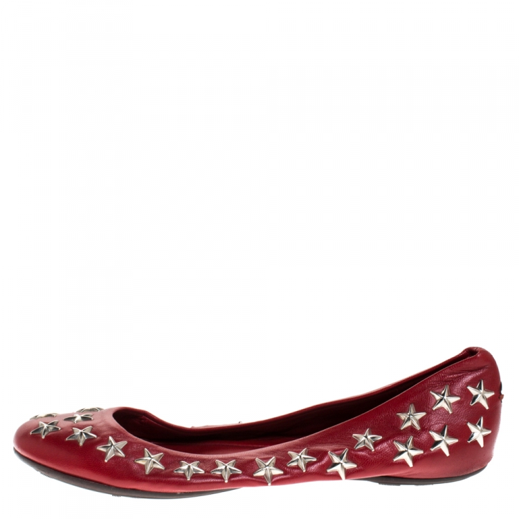 Pre Owned Jimmy Choo Red Leather Windsor Star Embellished Ballet Flat Size 39