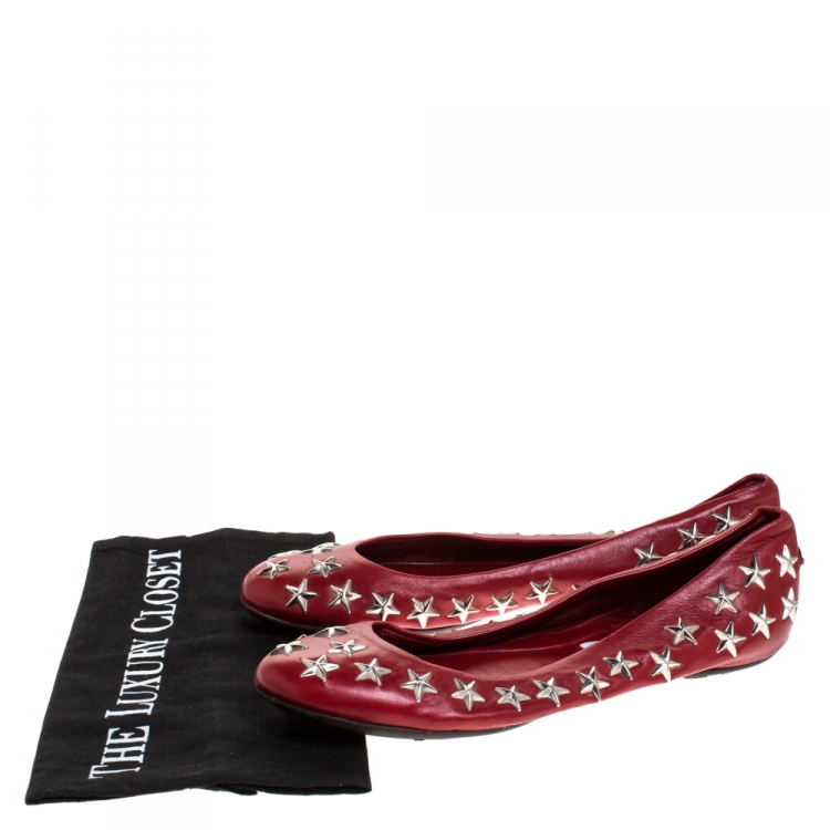 Pre Owned Jimmy Choo Red Leather Windsor Star Embellished Ballet Flat Size 39