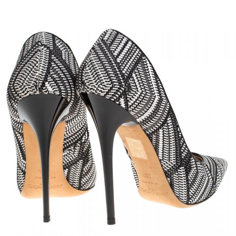 Pre Owned Jimmy Choo Black/White Geometric Print Woven Fabric Abel Pumps Size 38.5
